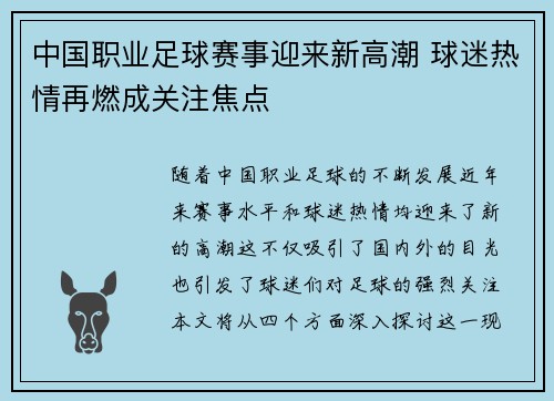 中国职业足球赛事迎来新高潮 球迷热情再燃成关注焦点