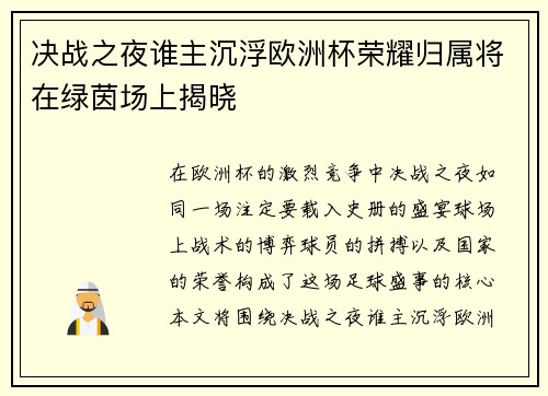 决战之夜谁主沉浮欧洲杯荣耀归属将在绿茵场上揭晓