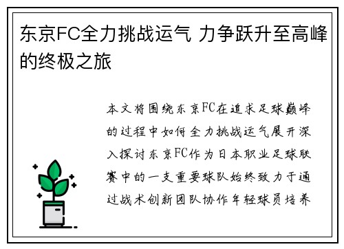 东京FC全力挑战运气 力争跃升至高峰的终极之旅