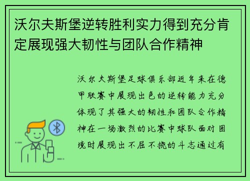 沃尔夫斯堡逆转胜利实力得到充分肯定展现强大韧性与团队合作精神
