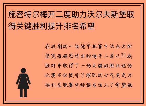 施密特尔梅开二度助力沃尔夫斯堡取得关键胜利提升排名希望