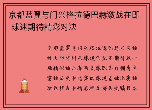 京都蓝翼与门兴格拉德巴赫激战在即 球迷期待精彩对决
