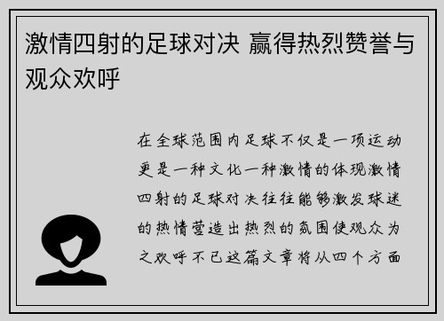 激情四射的足球对决 赢得热烈赞誉与观众欢呼