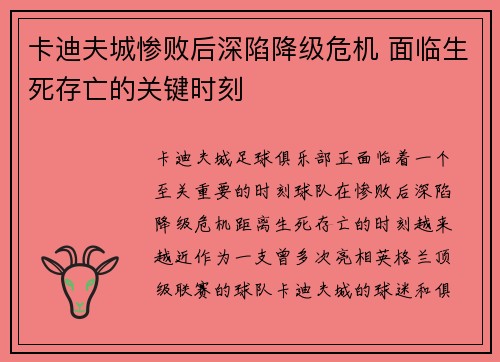 卡迪夫城惨败后深陷降级危机 面临生死存亡的关键时刻
