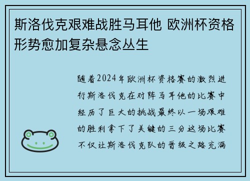 斯洛伐克艰难战胜马耳他 欧洲杯资格形势愈加复杂悬念丛生