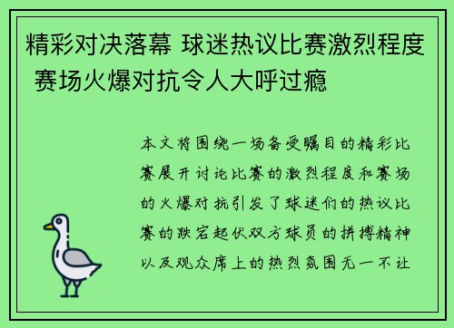 精彩对决落幕 球迷热议比赛激烈程度 赛场火爆对抗令人大呼过瘾