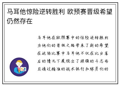 马耳他惊险逆转胜利 欧预赛晋级希望仍然存在