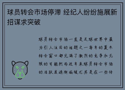 球员转会市场停滞 经纪人纷纷施展新招谋求突破