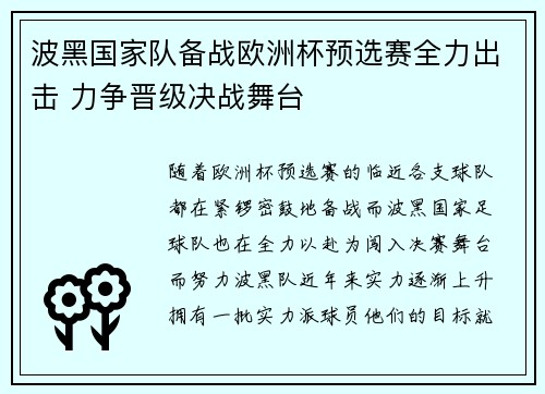 波黑国家队备战欧洲杯预选赛全力出击 力争晋级决战舞台