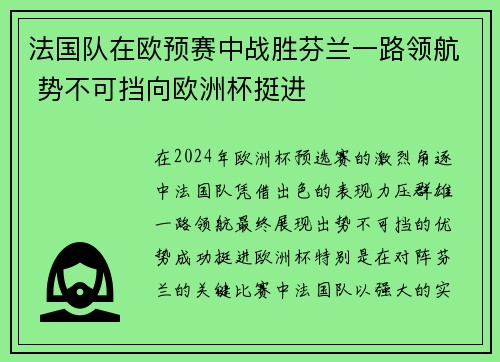 法国队在欧预赛中战胜芬兰一路领航 势不可挡向欧洲杯挺进