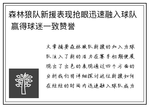 森林狼队新援表现抢眼迅速融入球队 赢得球迷一致赞誉