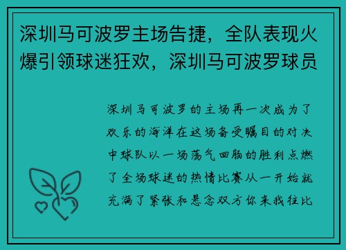 深圳马可波罗主场告捷，全队表现火爆引领球迷狂欢，深圳马可波罗球员介绍