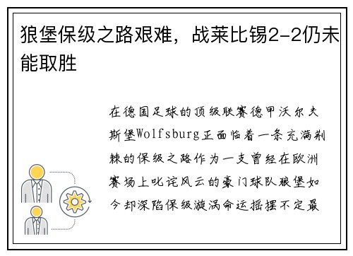 狼堡保级之路艰难，战莱比锡2-2仍未能取胜