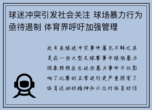 球迷冲突引发社会关注 球场暴力行为亟待遏制 体育界呼吁加强管理